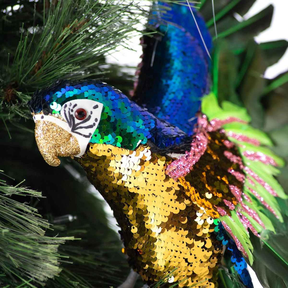 Yulemere Sequin and Feather Large Blue and Green Parrot Christmas Ornament detail view 4