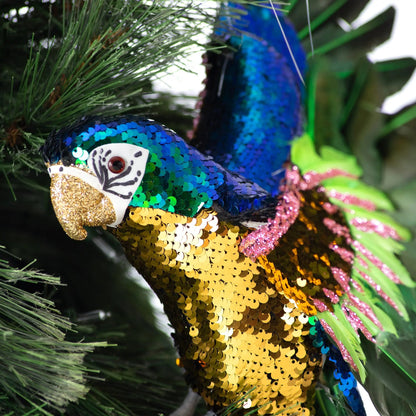 Yulemere Sequin and Feather Large Blue and Green Parrot Christmas Ornament detail view 4