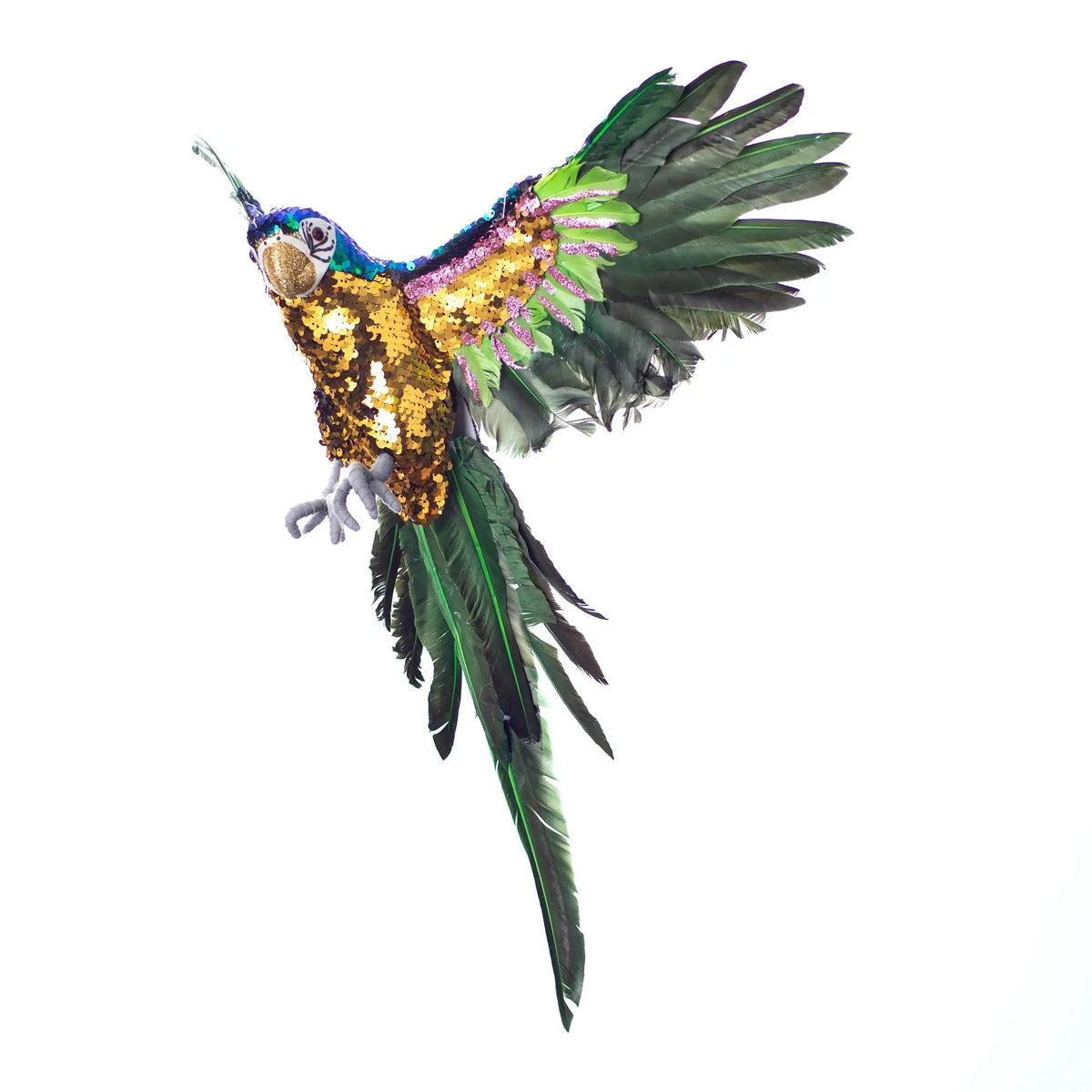 Yulemere Sequin and Feather Large Blue and Green Parrot Christmas Ornament overall view