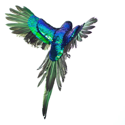 Yulemere Sequin and Feather Large Blue and Green Parrot Christmas Ornament detail view 6