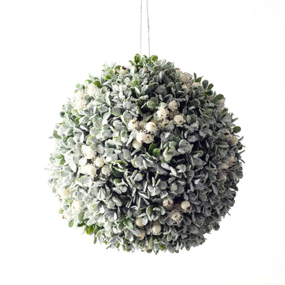 Yulemere 9 Inch Snow Flocked Boxwood and White Berry Decor overall view