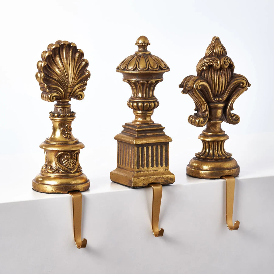 Yulemere Antique Gold Metal Look Fleur De Lis Finial Stocking Holder overall view