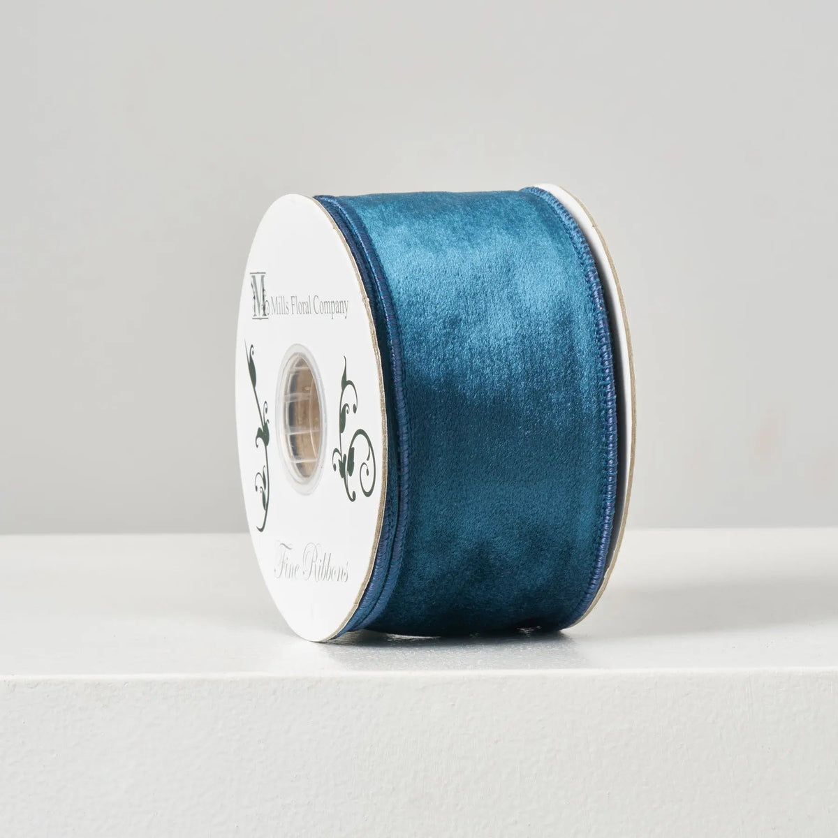 Yulemere Deep Marine Blue Velvet 10 Yard Wire Lined Ribbon Spool overall view