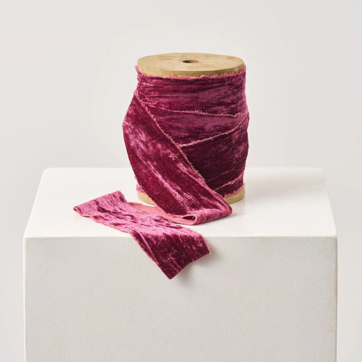 Yulemere Aubergine Purple Raw Edge Frayed Velvet Ribbon detail view 2