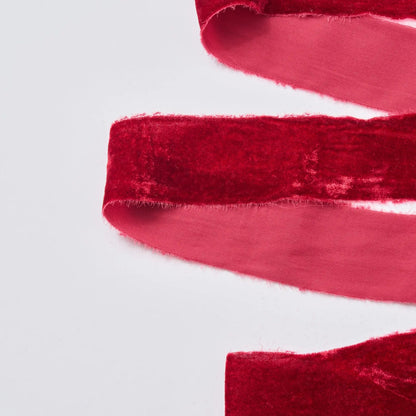 Yulemere Burgundy Red Raw Edge Frayed Velvet Ribbon detail view 3
