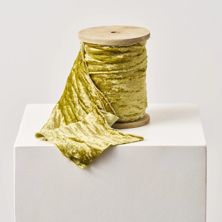 Yulemere Moss Green Raw Edge Frayed Wide Velvet Ribbon overall view