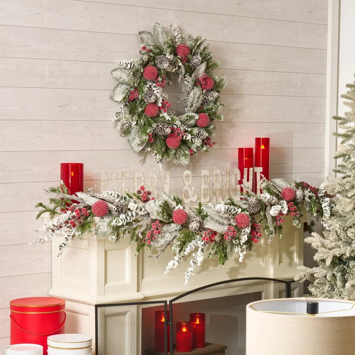 Yulemere Real Touch Red Magnolia Christmas Wreath White overall view