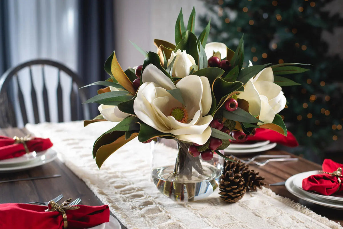 Yulemere White Magnolia Red Crabapple and Needle Leaf Holiday Centerpiece detail view 4