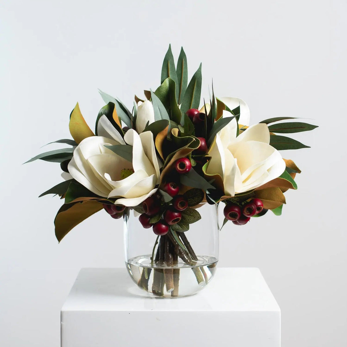 Yulemere White Magnolia Red Crabapple and Needle Leaf Holiday Centerpiece detail view 2