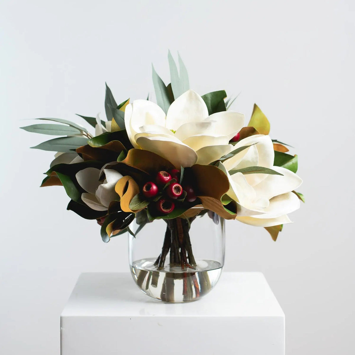 Yulemere White Magnolia Red Crabapple and Needle Leaf Holiday Centerpiece detail view 3