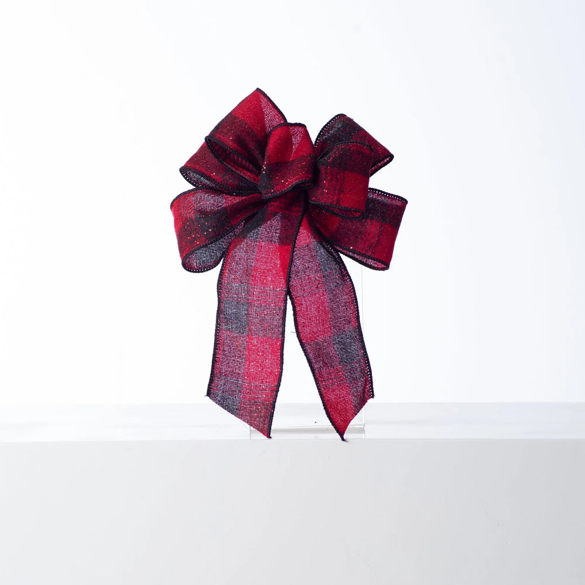 Yulemere Red and Black Glitter Plaid Flannel Hand Tied Loop Bow detail view 2