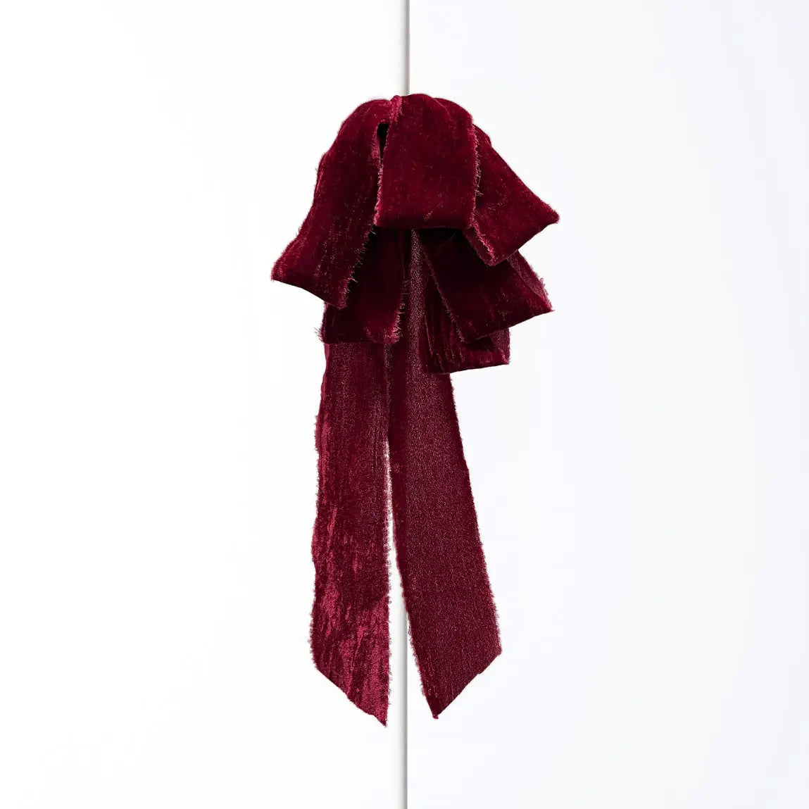 Yulemere Burgundy Red Raw Edge Silk Velvet Lux Drape Holiday Bow overall view