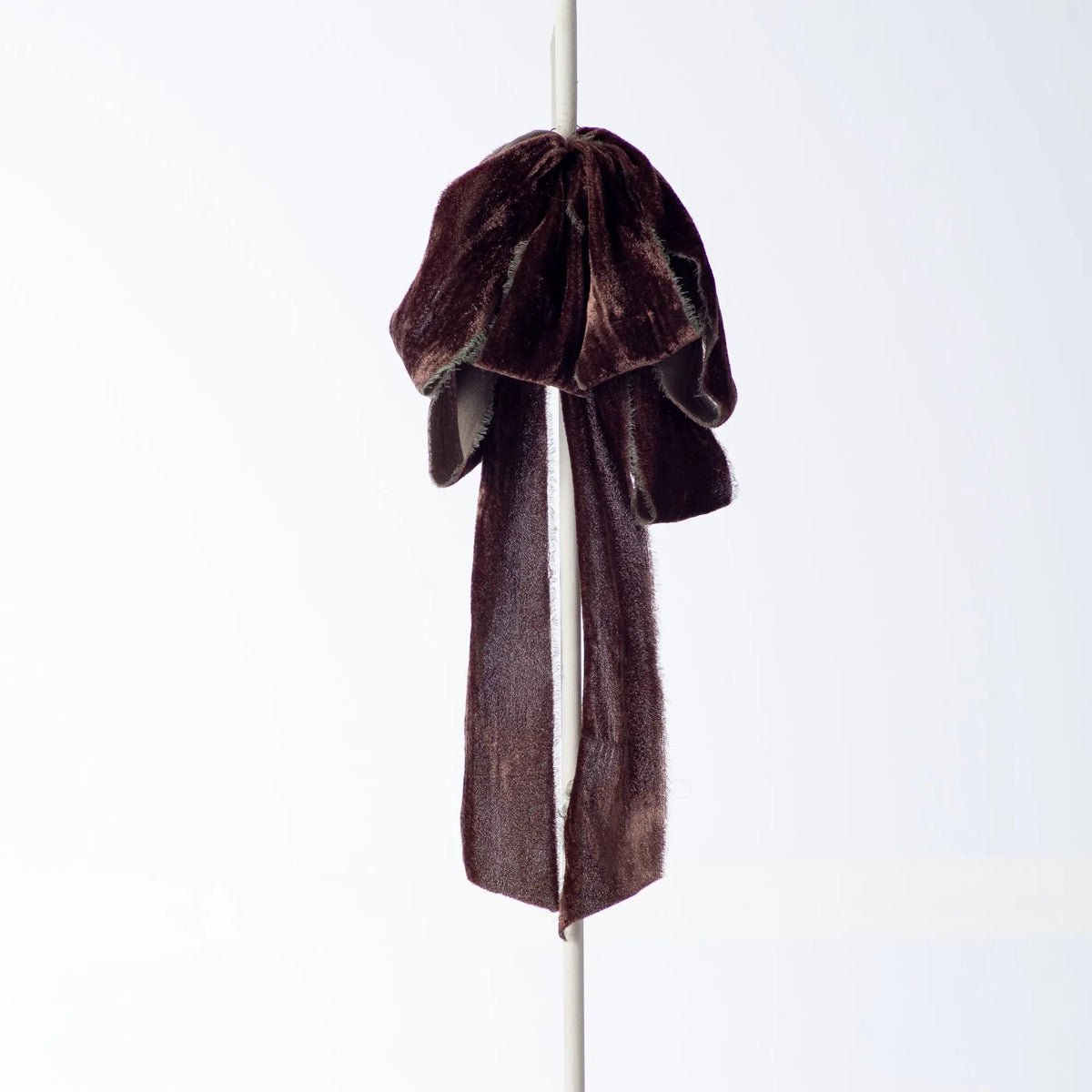 Yulemere Espresso Brown Raw Edge Silk Velvet Lux Drape Loop Bow overall view