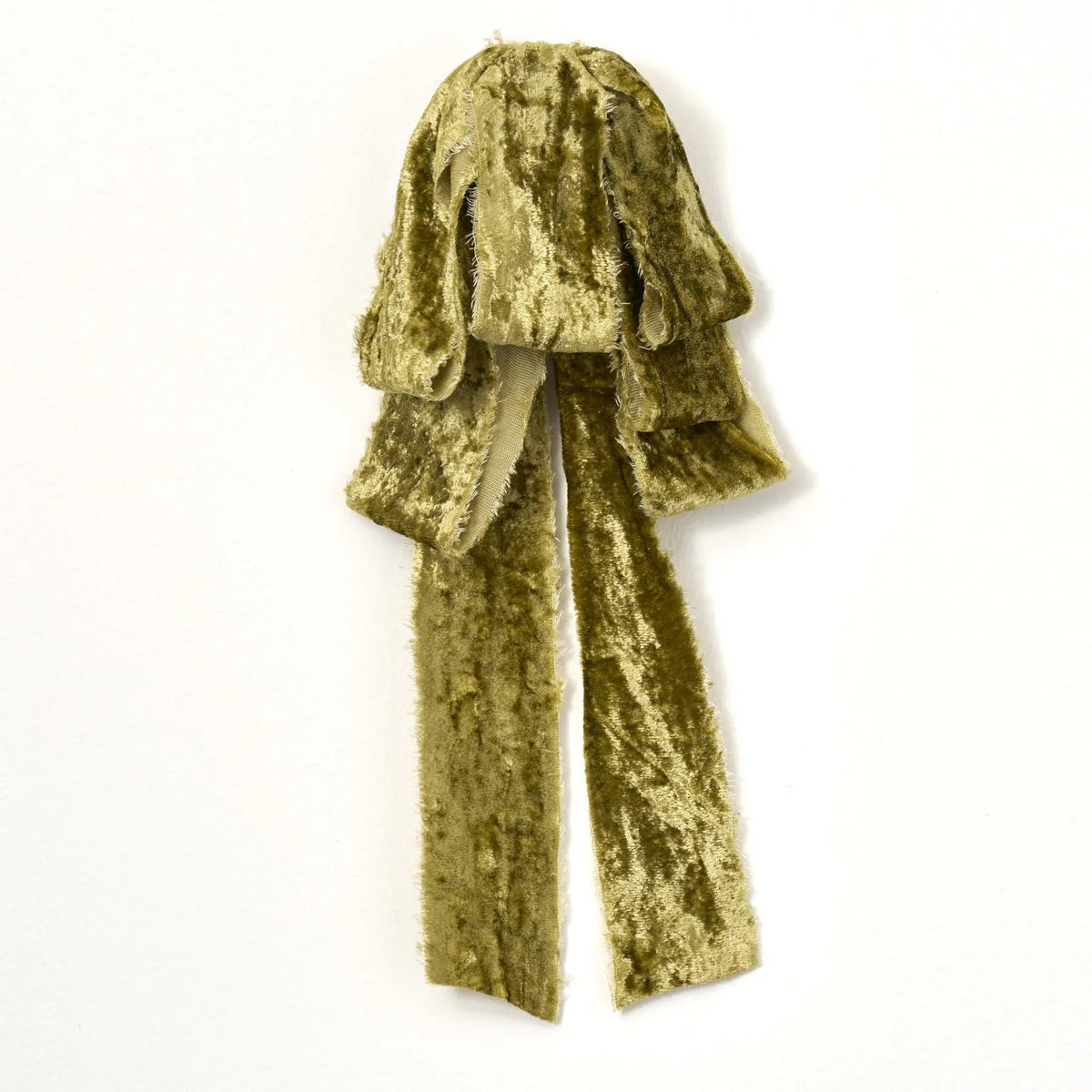 Yulemere Moss Green Raw Edge Silk Velvet Lux Drape Loop Bow overall view