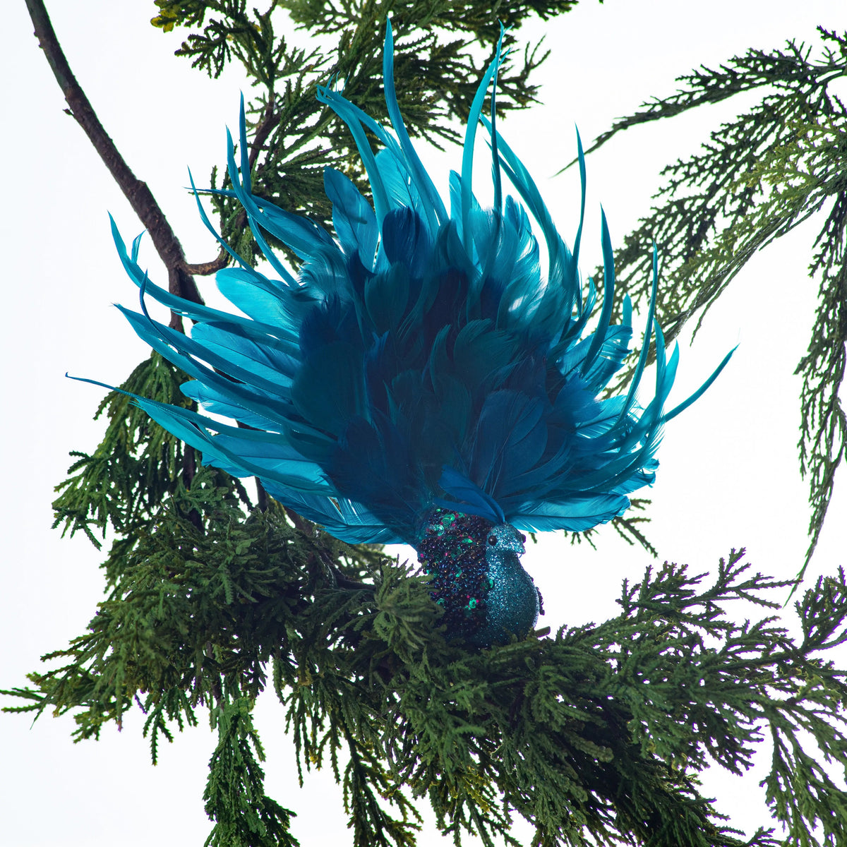 Yulemere Blue and Teal Feather Bead Sequin and Glitter Christmas Ornament overall view