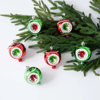 Yulemere Retro Red Green and Silver Reflector Ball Christmas Ornament overall view