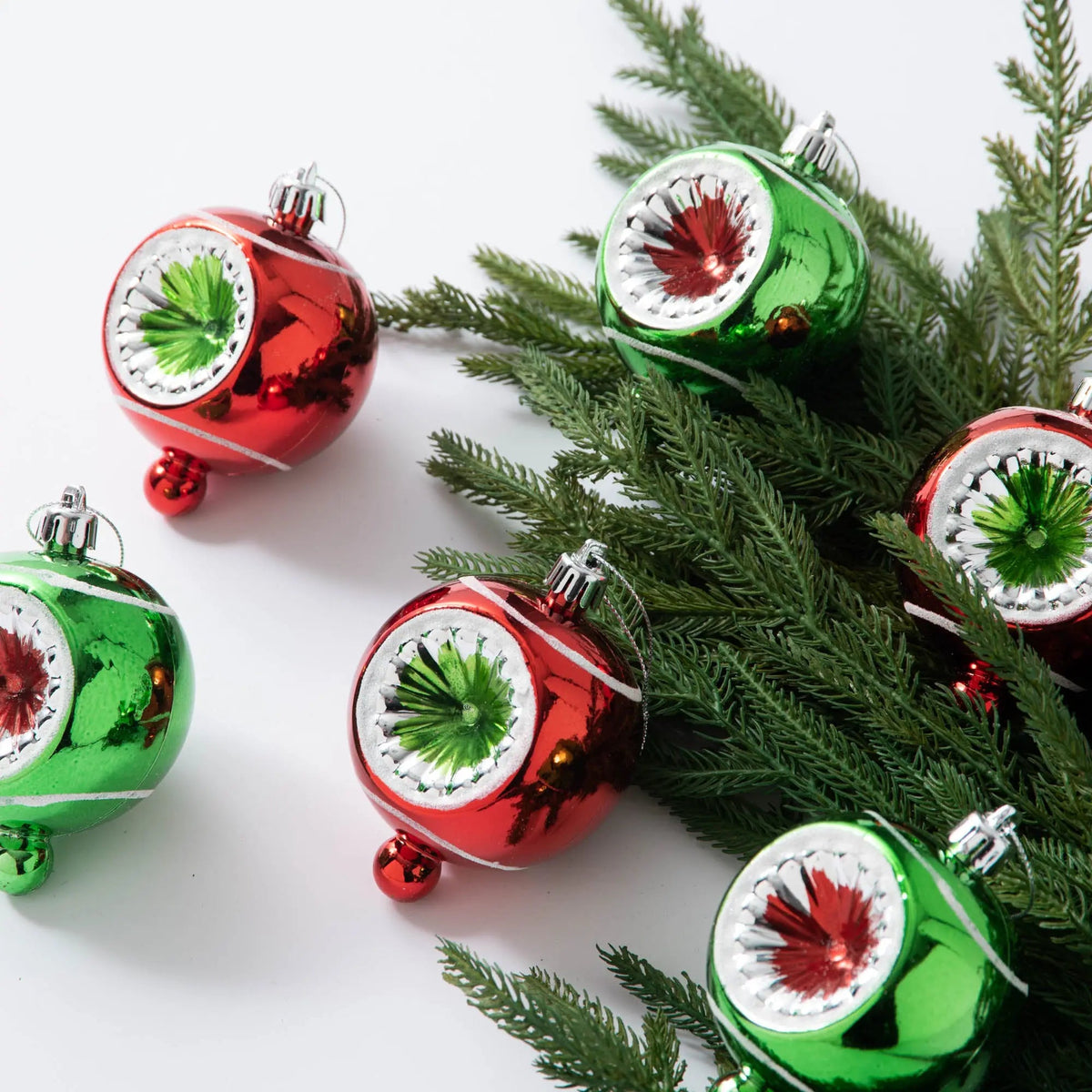 Yulemere Retro Red Green and Silver Reflector Ball Christmas Ornament detail view 2