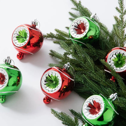 Yulemere Retro Red Green and Silver Reflector Ball Christmas Ornament detail view 2