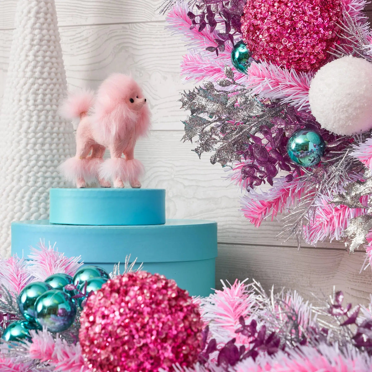 Yulemere Long Haired Pink Poodle Standalone Christmas Ornament detail view 2