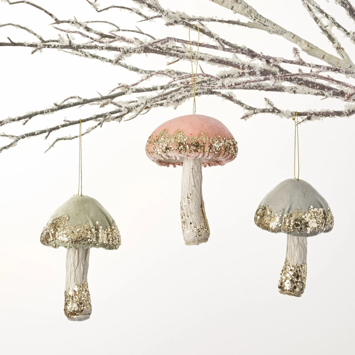 Yulemere Velvet and Gold Glitter Forest Toadstool Christmas Ornament overall view