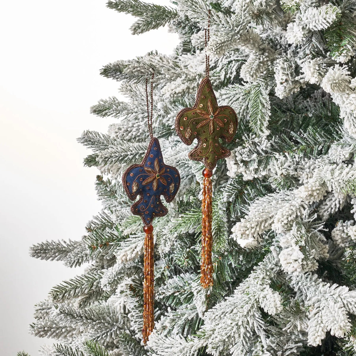 Yulemere Embroidered Green and Blue Velvet Beaded Christmas Ornament overall view