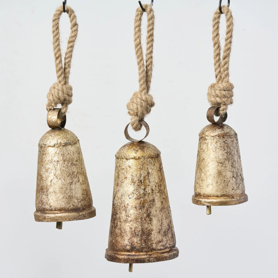 Yulemere Rustic Antiqued Gold Metal Bells Hanging Christmas Ornament overall view