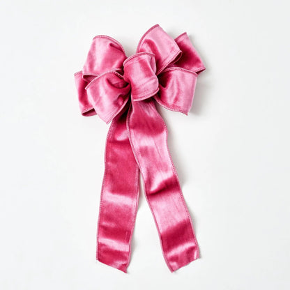 Yulemere Pretty Pink Velvet Wire Lined Hand Tied Drape Loop Bow overall view
