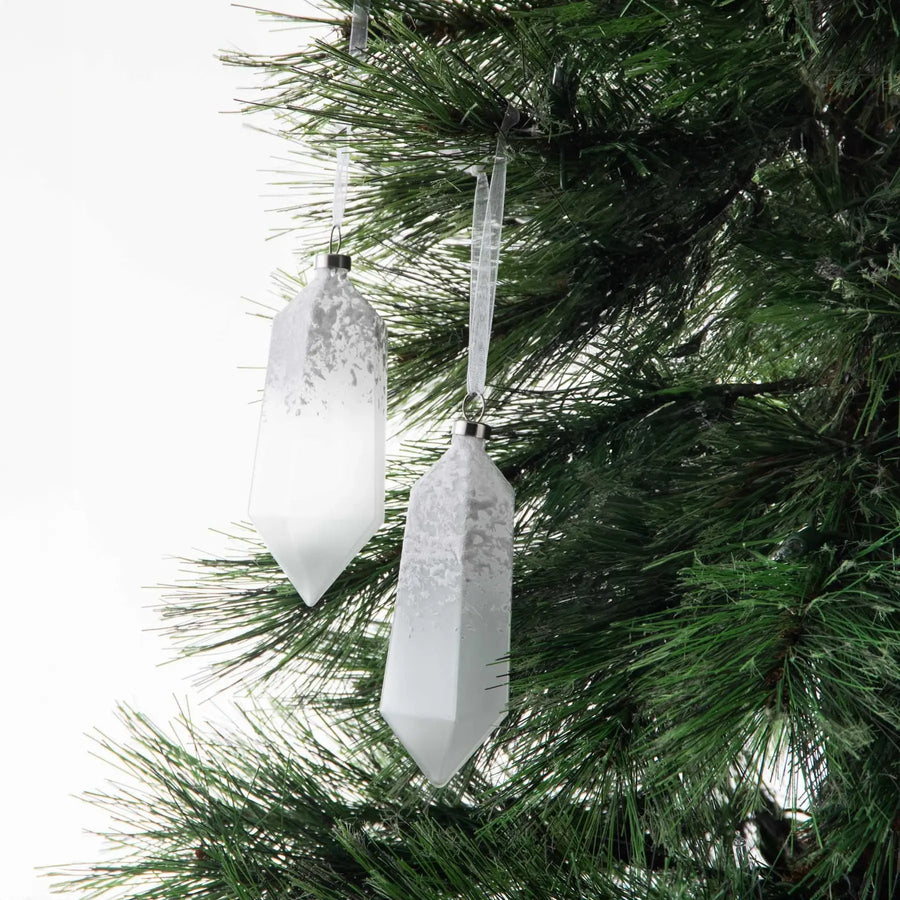 Yulemere Frosted White Snowy Glass Crystal Shape Christmas Ornaments overall view
