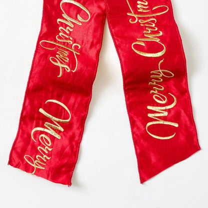 Yulemere Extra Large Red and Gold Dupion Merry Christmas Loop Bow overall view