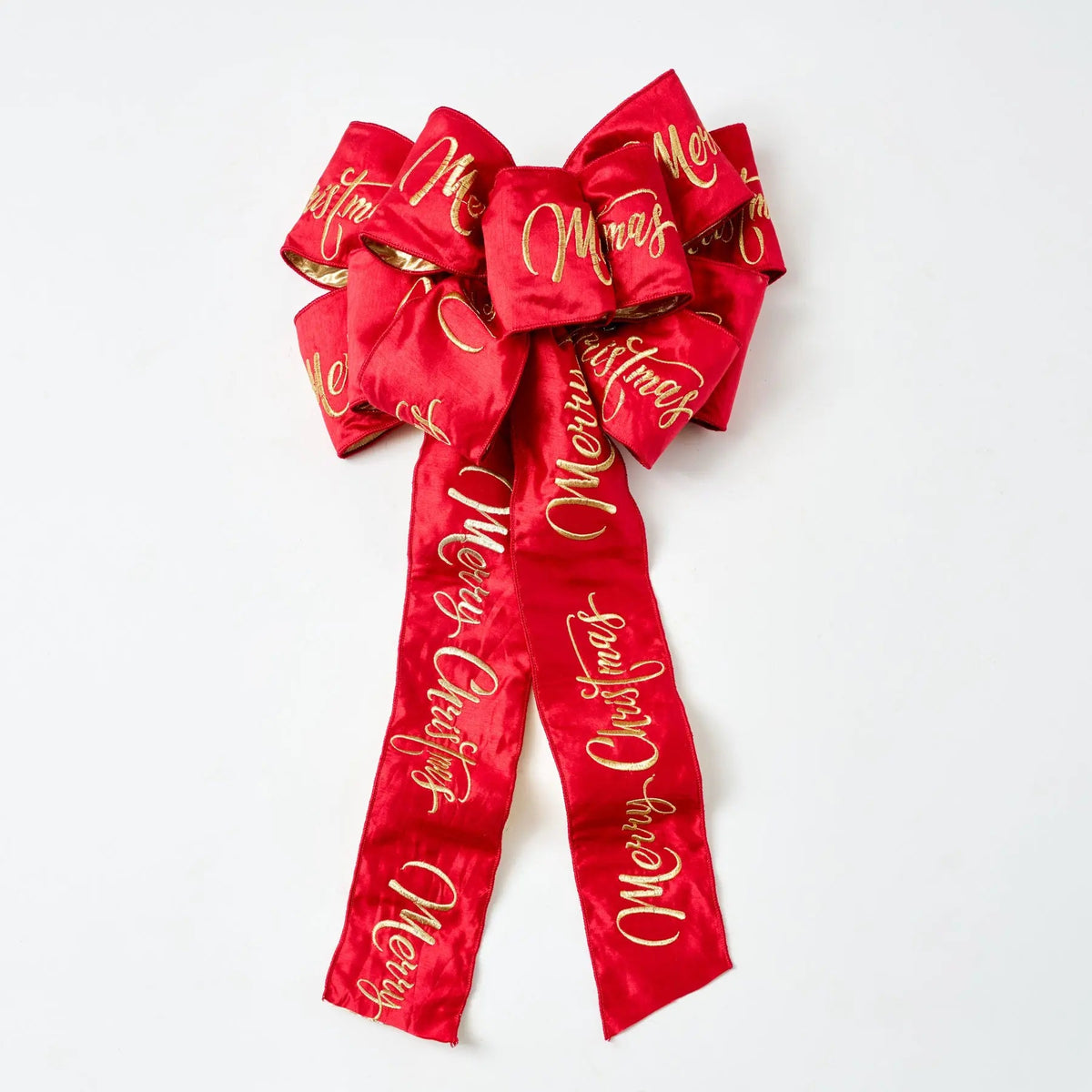 Yulemere Extra Large Red and Gold Dupion Merry Christmas Loop Bow detail view 2