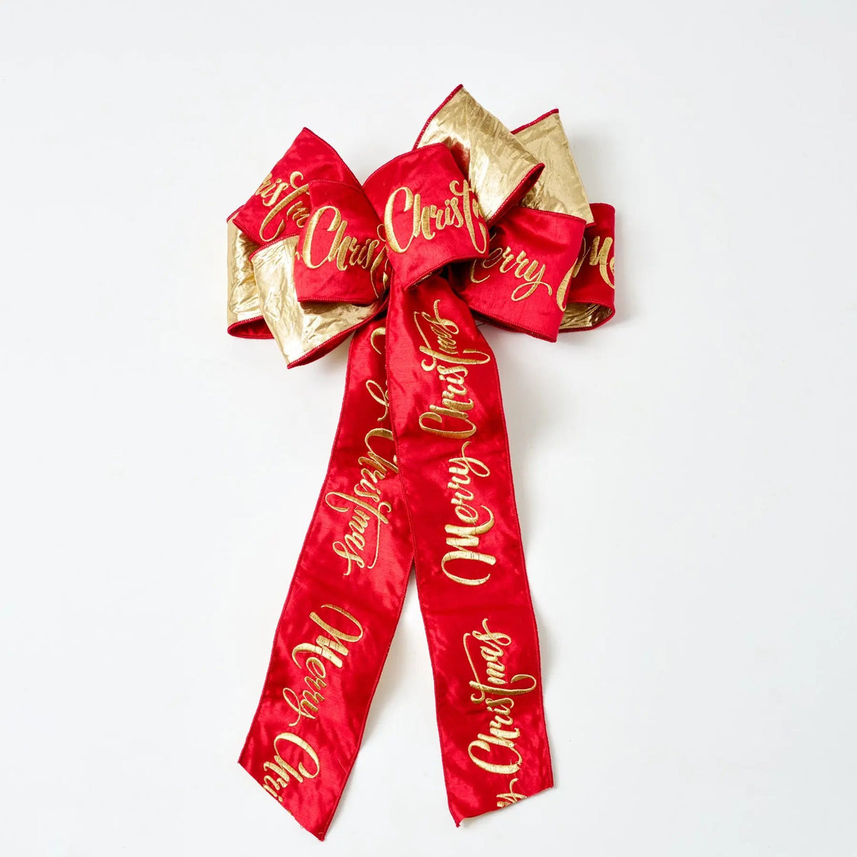 Yulemere Extra Large Reversed Red and Gold Dupion Merry Holiday Bow overall view