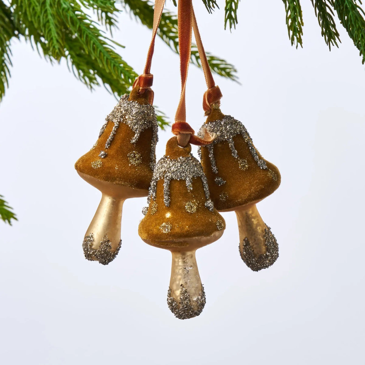 Yulemere Aged Moss Brown Glittered Triple Glass Christmas Ornament overall view