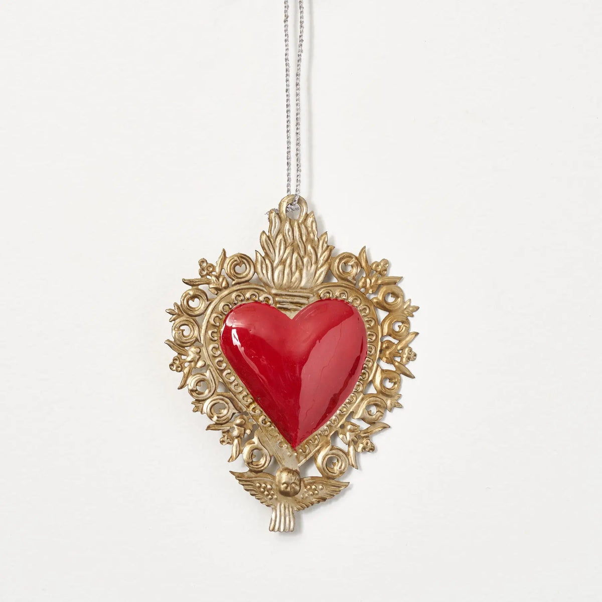 Yulemere Antique Gold and Red Enamel Burning Sacred Christmas Ornament overall view