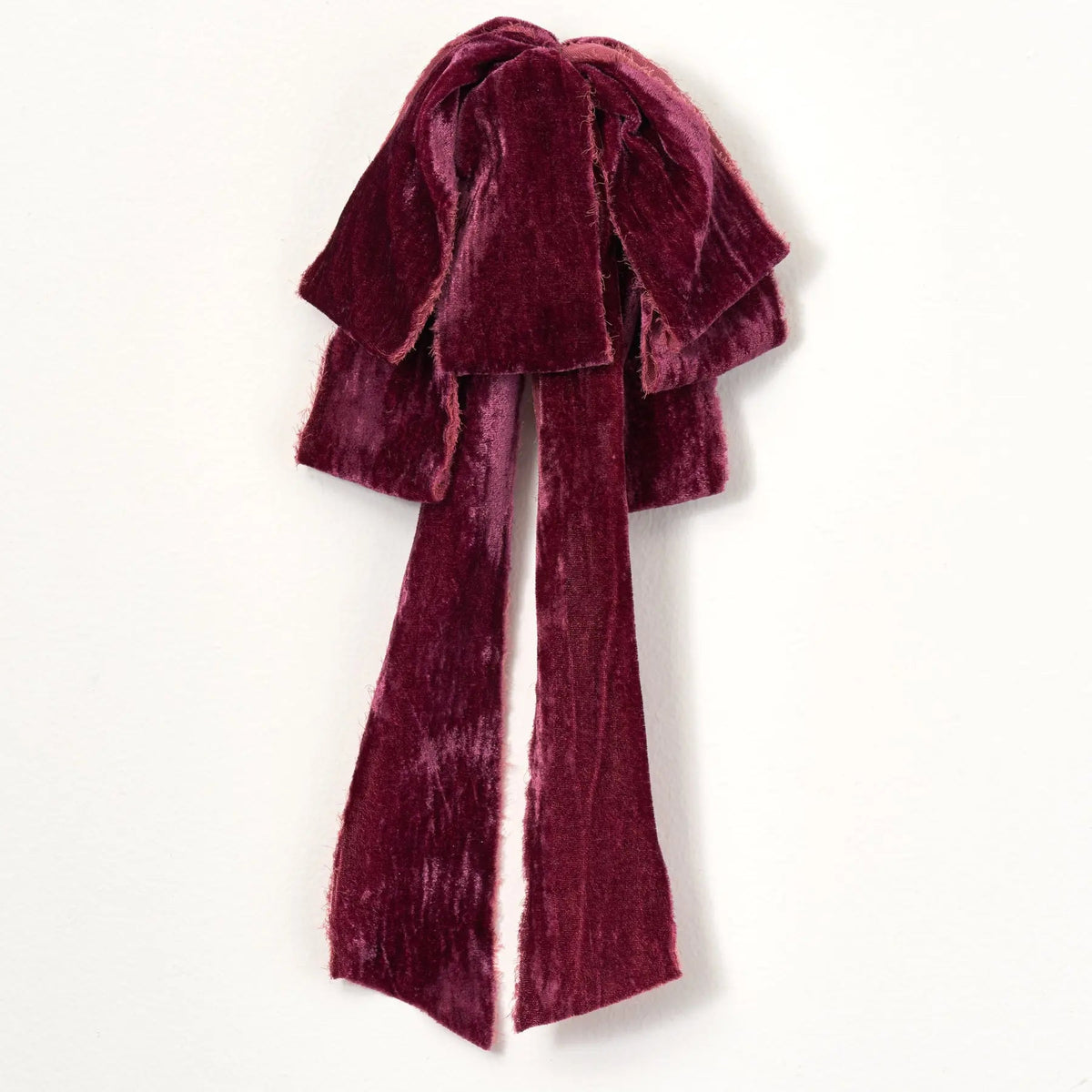 Yulemere Aubergine Purple Raw Edge Silk Velvet Lux Drape Holiday Bow overall view