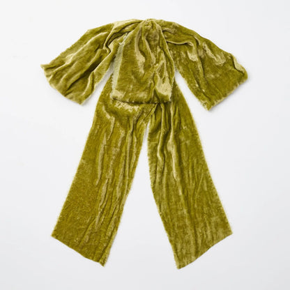 Yulemere Large Moss Green Raw Edge Silk Velvet Lux Drape Loop Bow overall view