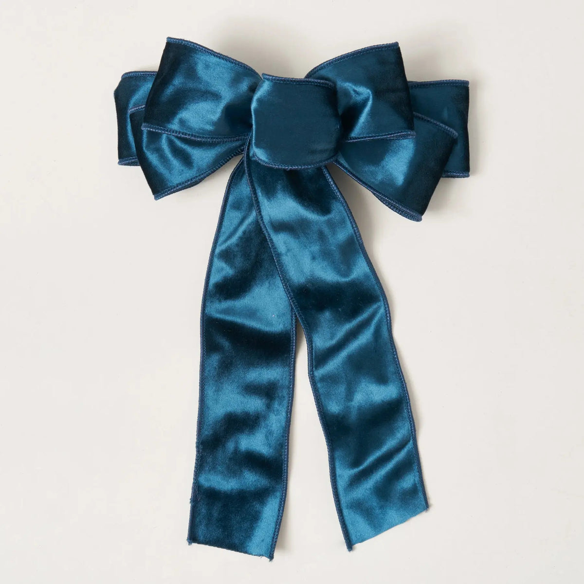 Yulemere Deep Marine Blue Velvet Wire Lined Hand Tied Drape Holiday Bow overall view