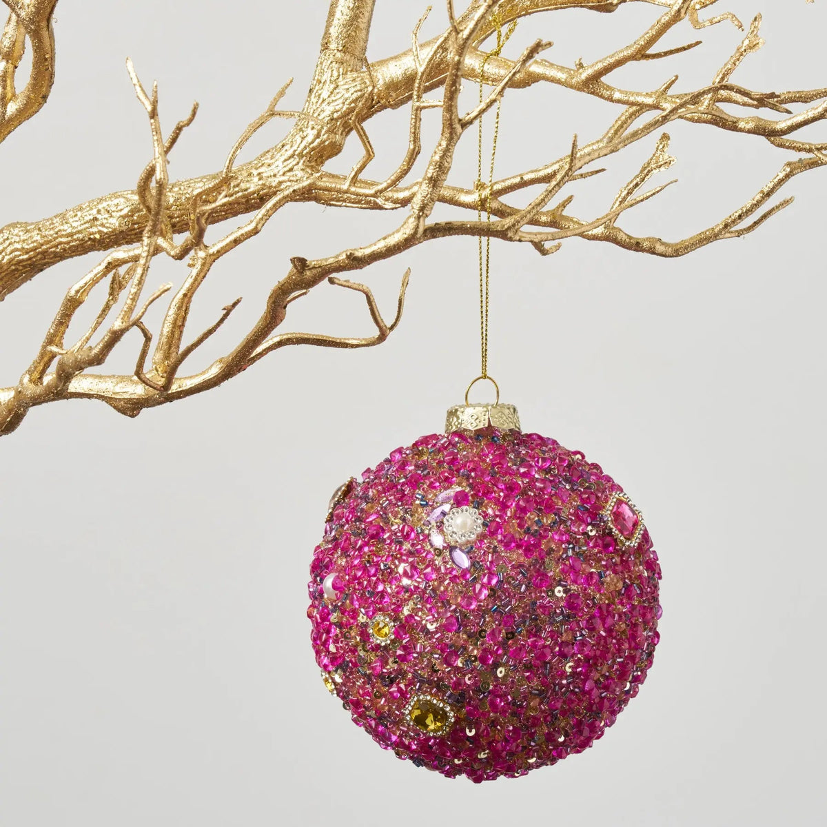 Yulemere Rose Pink and Gold Beaded Pearl and Gem Christmas Ornament overall view