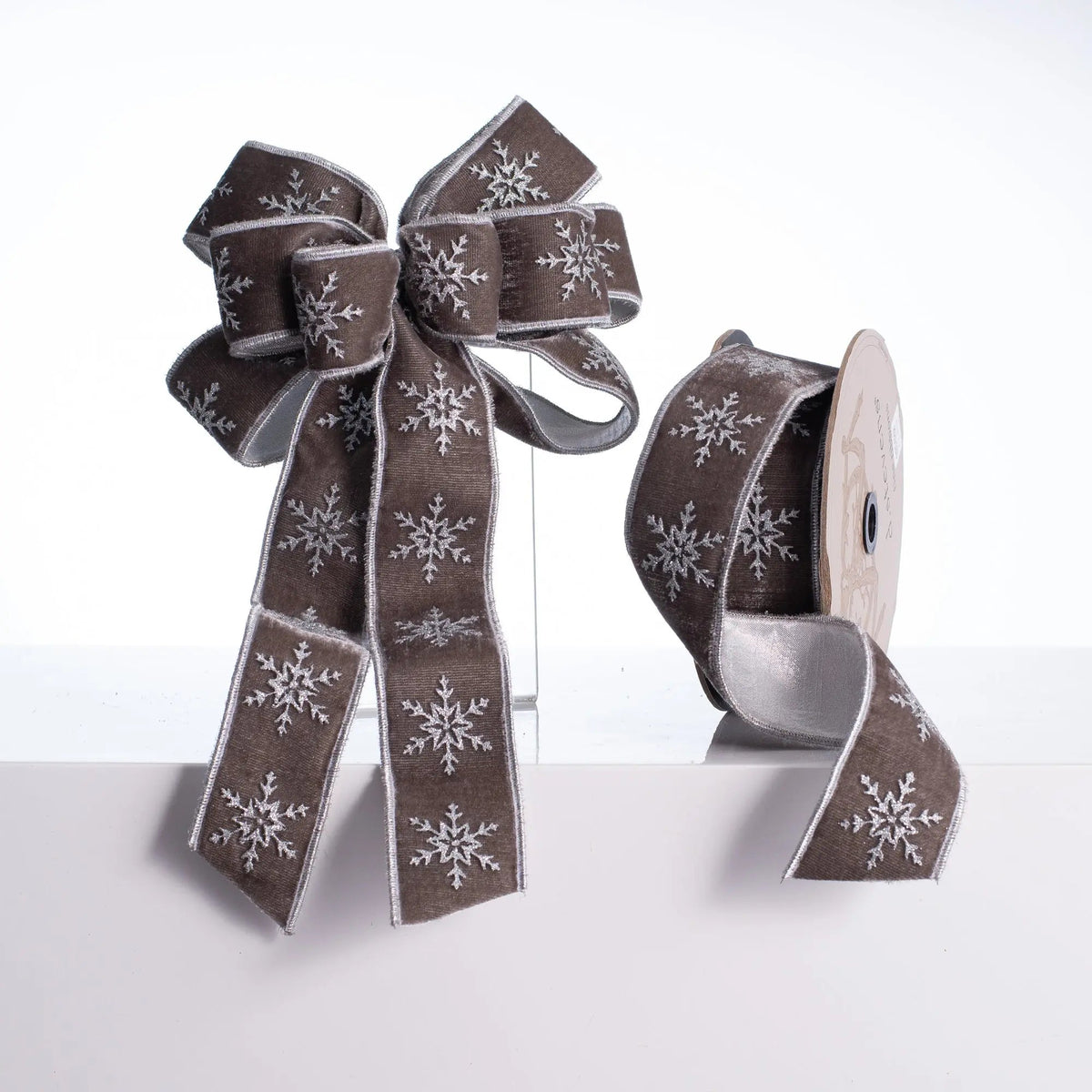 Yulemere Grey and Silver Glitter Snowflake Velvet Holiday Bow overall view