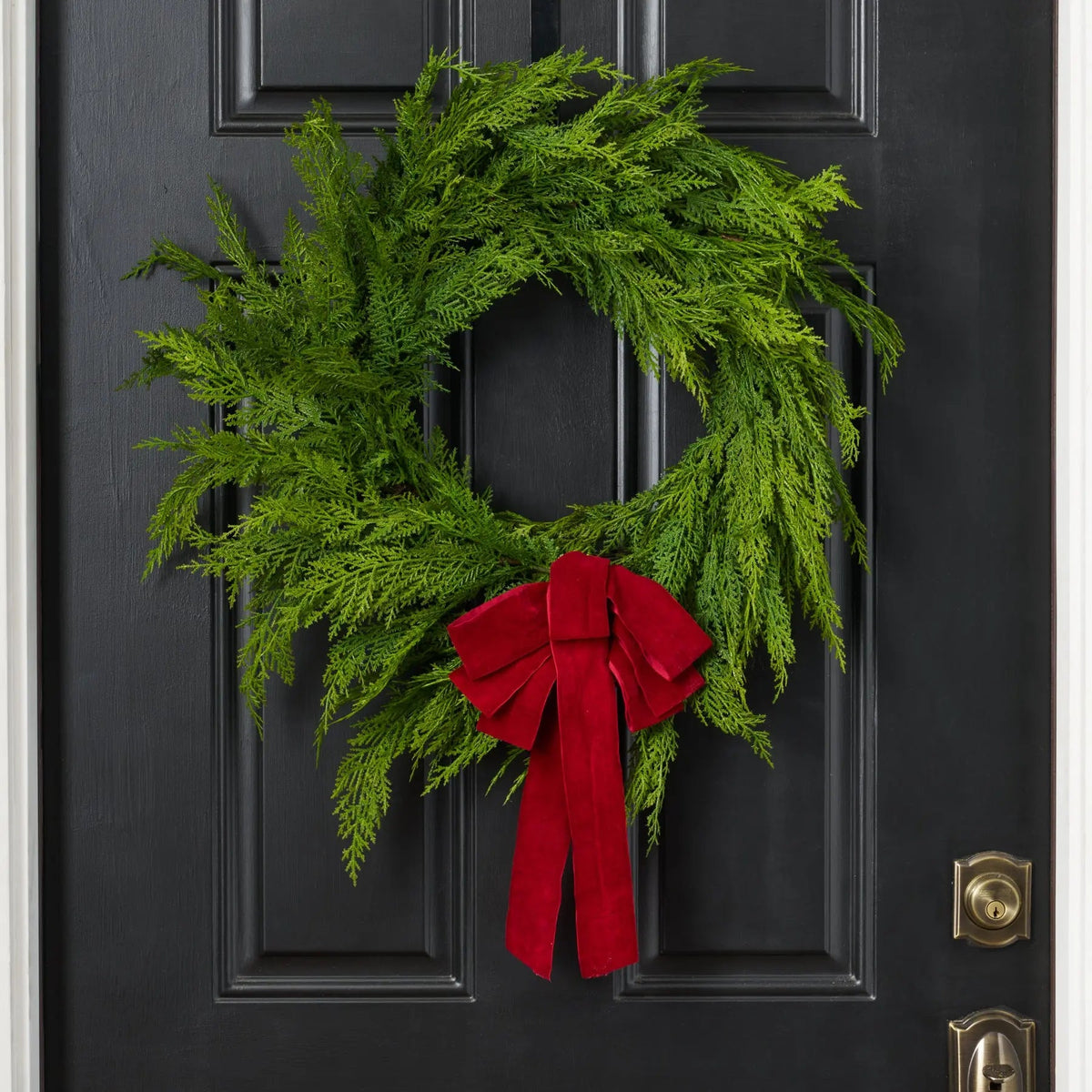 Yulemere Soft Touch Cedar Outdoor Christmas Wreath with Velvet Bow detail view 2