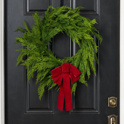 Yulemere Soft Touch Cedar Outdoor Christmas Wreath with Velvet Bow detail view 2