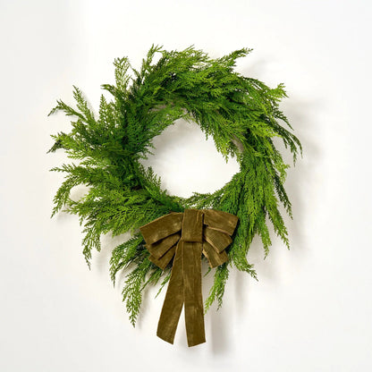 Yulemere Soft Touch Cedar Outdoor Christmas Wreath with Velvet Bow detail view 4