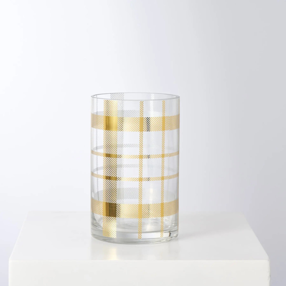Yulemere Gold Plaid Pattern Embossed Clear Glass Holiday Vase Cylinder overall view