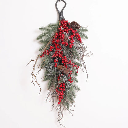 Yulemere waterproof red berry pinecone iced twig Christmas swag detail view 2