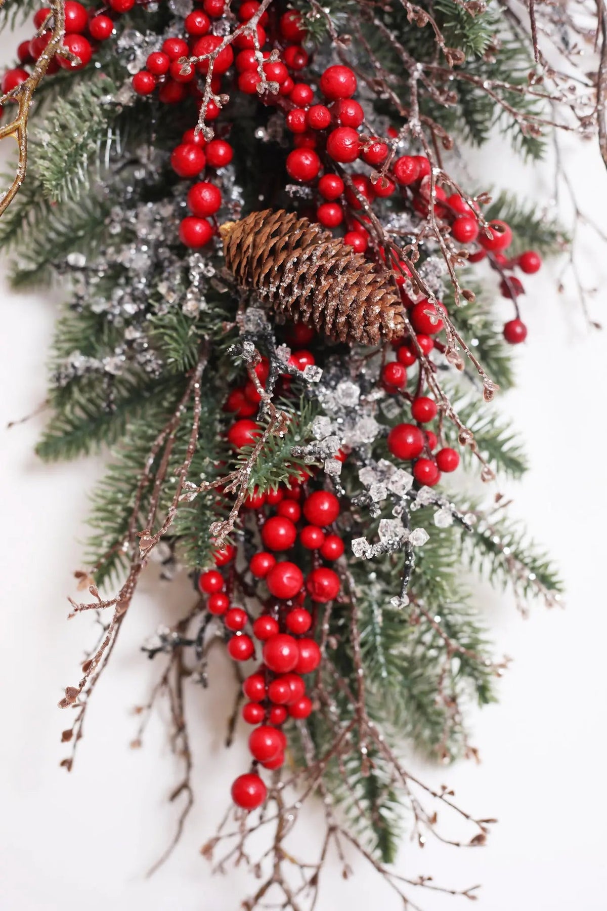 Yulemere waterproof red berry pinecone iced twig Christmas swag detail view 4