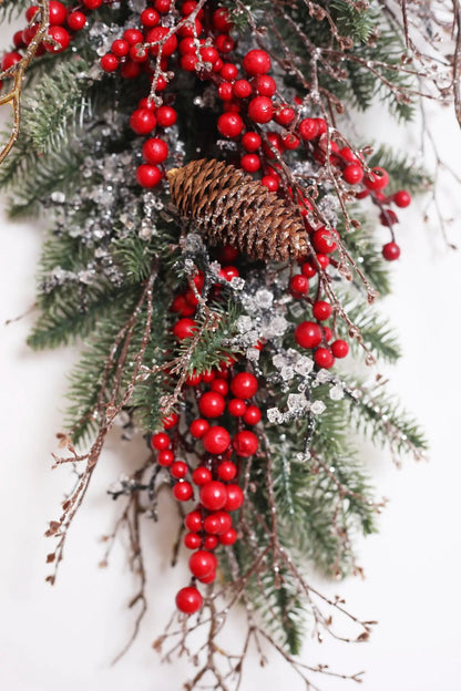 Yulemere waterproof red berry pinecone iced twig Christmas swag detail view 4
