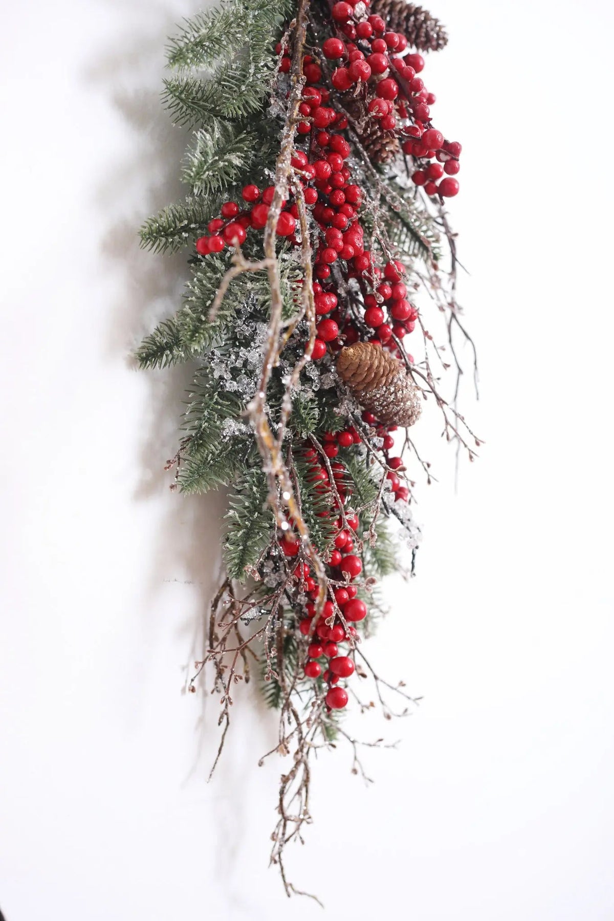 Yulemere waterproof red berry pinecone iced twig Christmas swag detail view 5