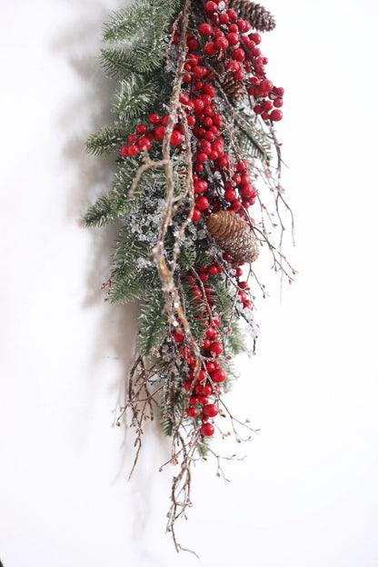 Yulemere waterproof red berry pinecone iced twig Christmas swag detail view 5