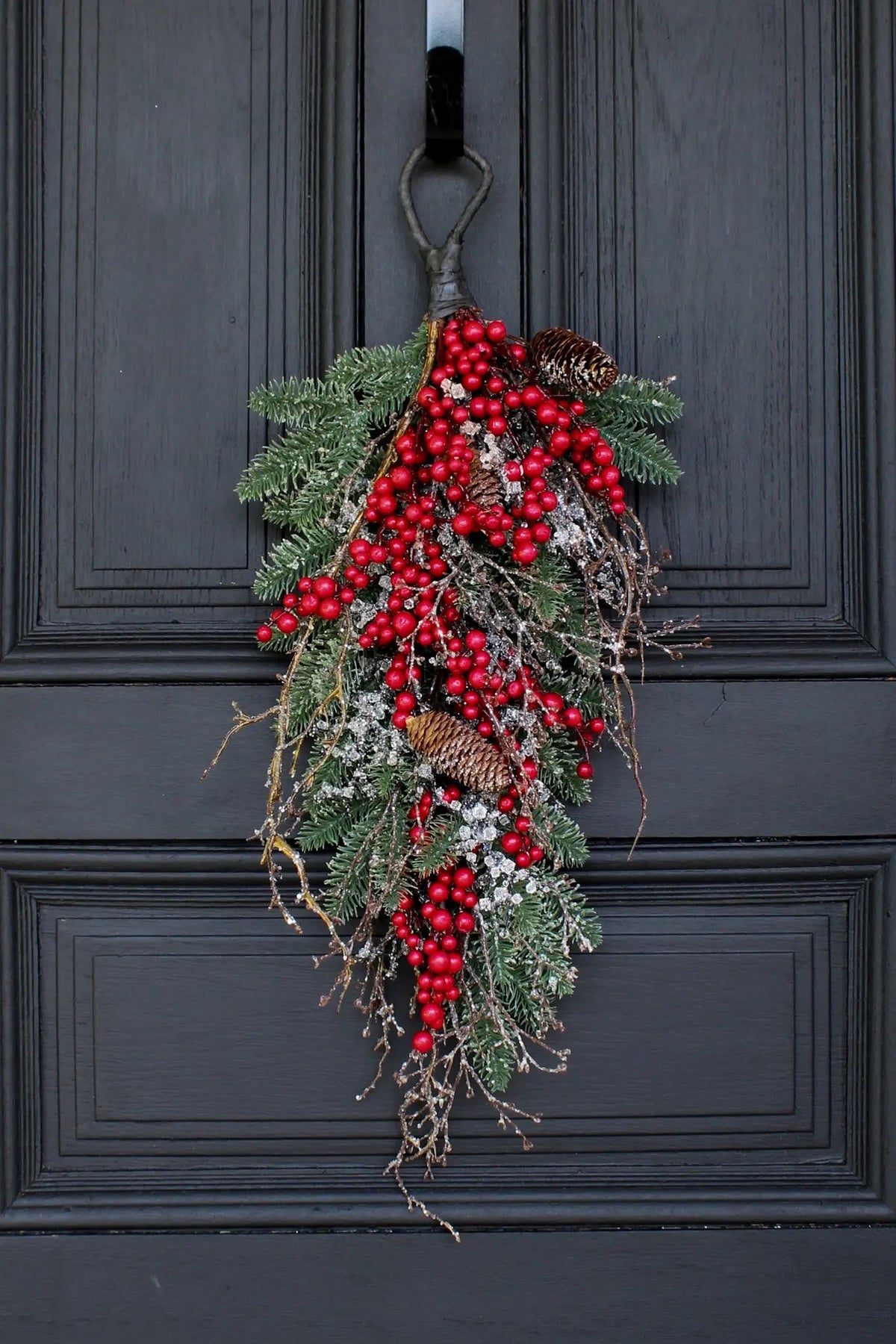 Yulemere waterproof red berry pinecone iced twig Christmas swag overall view