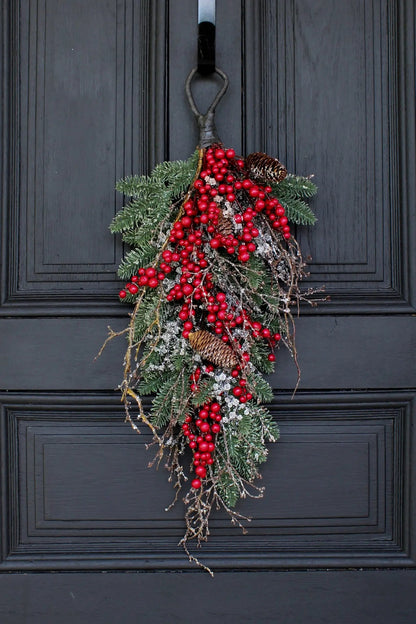 Yulemere waterproof red berry pinecone iced twig Christmas swag overall view
