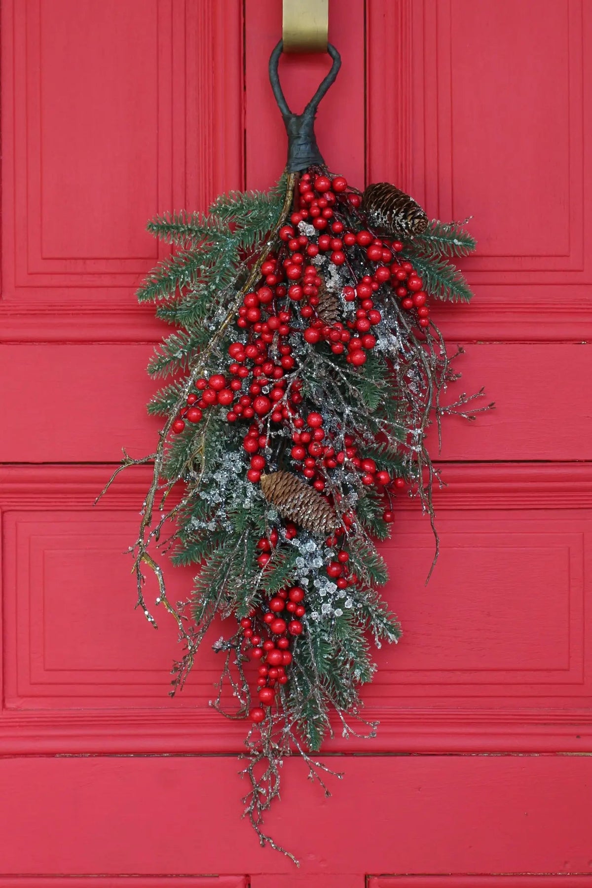 Yulemere waterproof red berry pinecone iced twig Christmas swag detail view 3